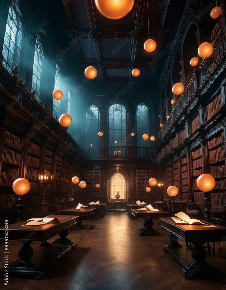 Poster a majestic library with high arched windows, floating orbs, and open books on dark wooden tables, cr