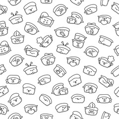 Obraz premium Funny kawaii sushi with cute faces. Seamless pattern. Coloring Page. Japanese traditional cuisine dishes characters. Hand drawn style. Vector drawing. Design ornaments.