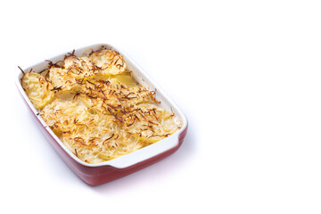 Potato gratin baked with cream and cheese isolated on white background. Copy space