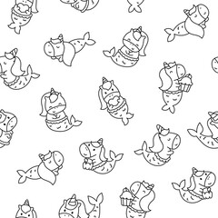 Cute kawaii unicorn mermaid. Seamless pattern. Coloring Page. Fantasy cartoon characters. Hand drawn style. Vector drawing. Design ornaments.