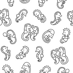 Cute kawaii seahorse. Seamless pattern. Coloring Page. Cartoon underwater animal characters. Hand drawn style. Vector drawing. Design ornaments.