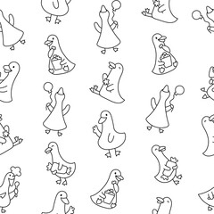 Funny farm duck characters. Seamless pattern. Coloring Page. Cute cartoon kawaii goose. Hand drawn style. Vector drawing. Design ornaments.