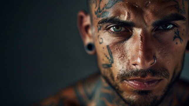 Back view of tattoed bodybuilder with outstretched arms