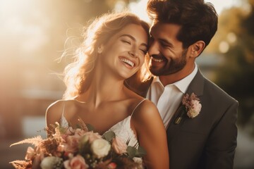Joyous bride and groom share a tender moment with warm sunset backdrop