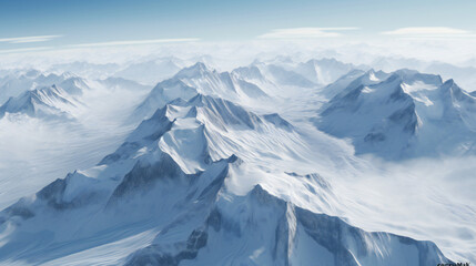 Realistic photography of snowcapped mountains in the distance with huge glaciers on top, seen from a bird's-eye view. 