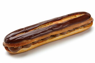 Decadent chocolate eclair with a shiny glaze on a white background