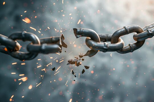 Explosive moment. Iron chain breaking with sparks and smoke around. The style is dramatic and intense. Ideal for conflict and freedom themes. Can be used for visual storytelling