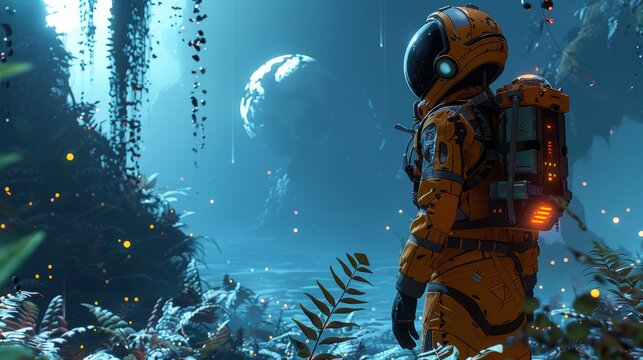 Futuristic orange alien explorer in a neon-lit alien jungle, exotic plants and glowing flora, cutting-edge exploration gear