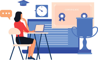 The girl is working on laptop on online certificate.