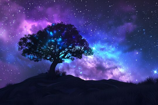A beautiful tree stands under a starry night sky. Vibrant and magical colors create a fantasy scene. Perfect for backgrounds and creative projects. Generative AI