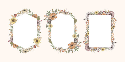 Hand Drawn Autumn Flower and Leaves Frame Background