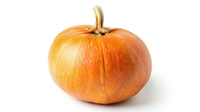 A freshly harvested orange pumpkin positioned centrally on a white background, creating a striking contrast.