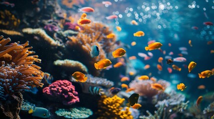 Fototapeta premium A colorful school of tropical fish darting amongst the vibrant coral of a bustling reef.