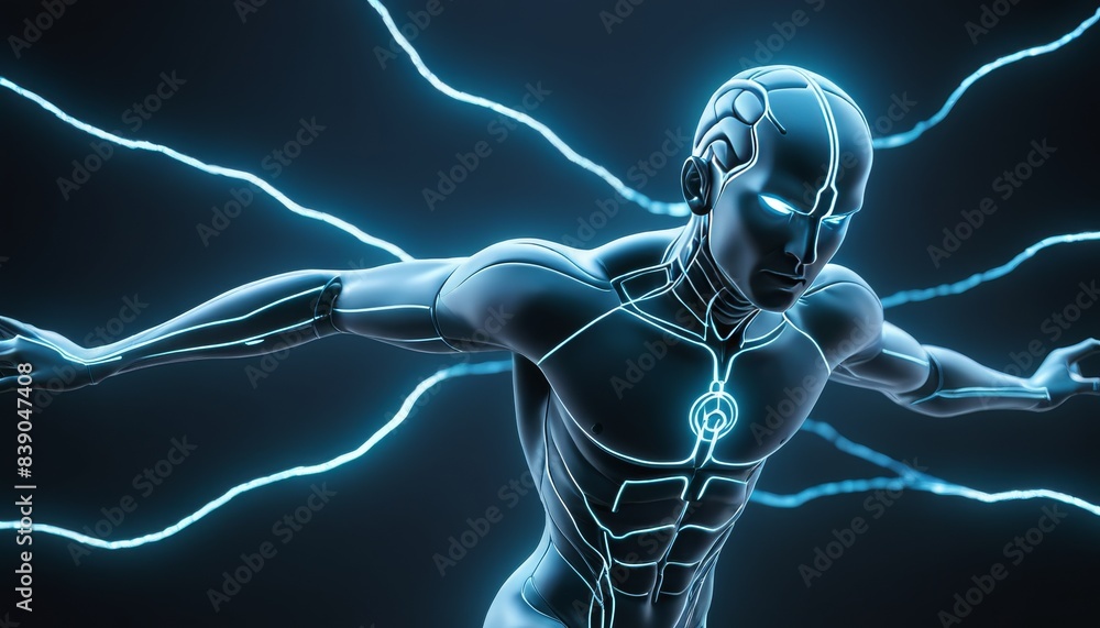 Poster a dynamic image of a futuristic robot with blue neon light detailing, emitting powerful lightning st