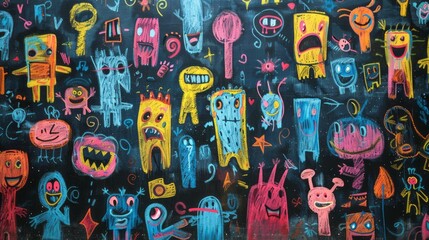Fototapeta premium A vibrant and playful drawing of various monsters and creatures on a black chalkboard