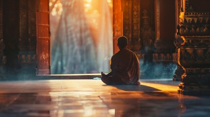 Fototapeta premium Buddhist monk meditating in a serene temple, practicing ancient rituals with respect. The concepts of Buddhism, meditation, tranquility, ancient rituals, reverence. 