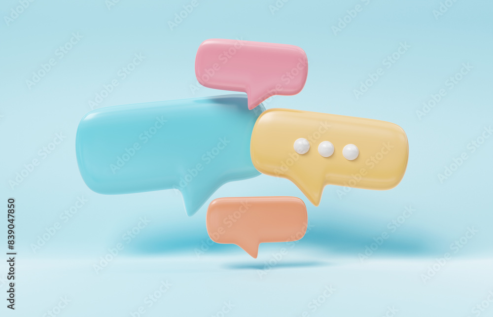 Wall mural minimalist blue red and yellow speech bubbles talk icons floating over background. modern conversati