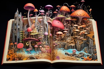 Colorful pop-up book with detailed fantasy forest and mushroom illustrations against a black background