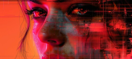 A close up photo of a womans face with a red overlay and digital distortion