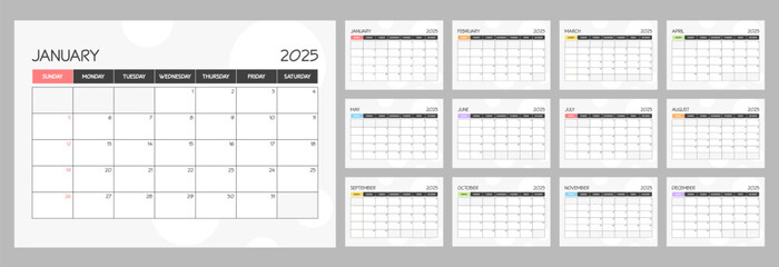 Monthly calendar rainbow schedule for 2025 year. Week Starts on Sunday
