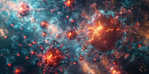 An abstract digital illustration of a coronavirus, with a vibrant red and blue color scheme