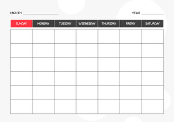 Monthly blank calendar planner template. Week Starts on Sunday