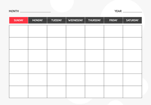 Monthly blank calendar planner template. Week Starts on Sunday
