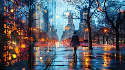 Fototapeta premium Silhouette of woman walking down a city street with stock market data reflected in windows.