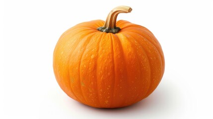 Obraz premium An orange pumpkin placed at an angle on a white background, showcasing its rich color and detailed stem.