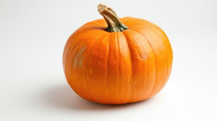 Obraz premium An orange pumpkin with its green stem intact on a clean white background, highlighting its freshness.