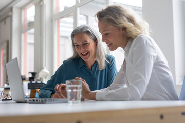 Two happy businesswomen using laptop at desk in office together