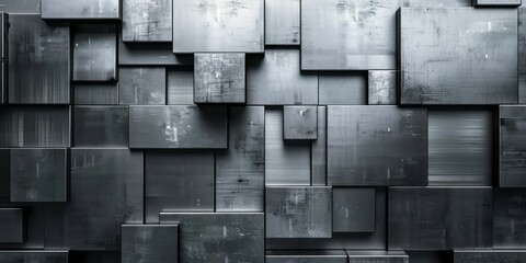 A close-up of a wall made of black metal cubes with a textured surface