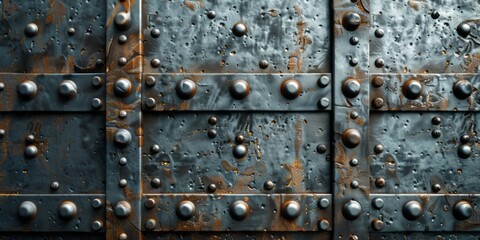 A close-up of a rusty metal door with rivets and stripes