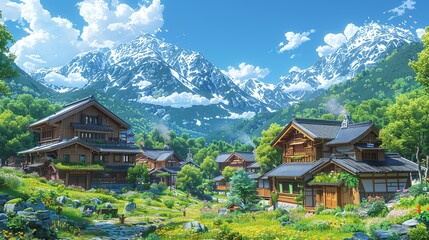 Fototapeta premium Scenic mountain village with traditional houses.