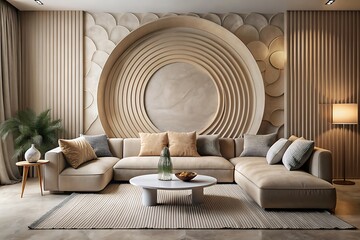 Circular earth tones wall art in cozy room