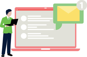 A man is looking at messages on a laptop.