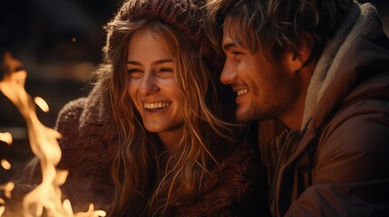 Fototapeta premium Couple sharing a cozy bonfire under the stars