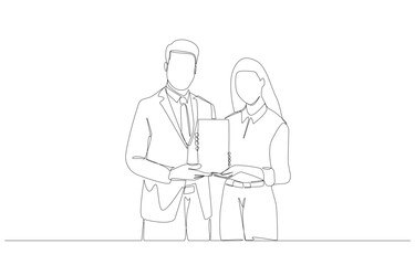 Continuous one line drawing of outstanding employee receiving award plaque from manager, performance award ceremony concept, single line art.
