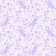 Cartoon sewing hobbies seamless rabbit toys and buttons and scissors pattern