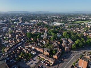 Aerial view of Aylesbury town center with Saint Mary's church on a sunny summer morning in the UK