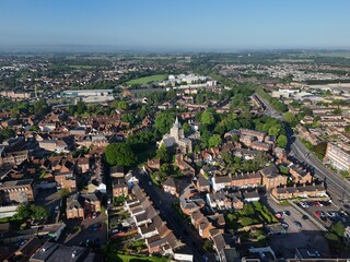 Aerial view of Aylesbury town center with Saint Mary's church on a sunny summer morning in the UK