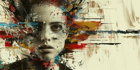 A digital portrait of a woman with abstract, splattered paint and geometric patterns