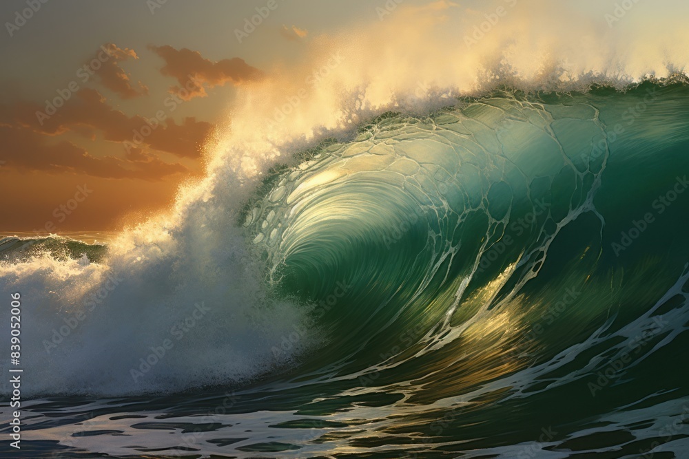 Poster captivating image of a powerful wave cresting with the golden glow of sunset in the background
