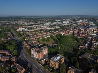 Aerial drone view of Aylesbury town center in the UK on a sunny summer morning