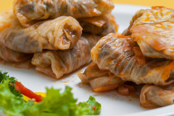 delicious dish of dolma with cabbage and vegetables on white plate