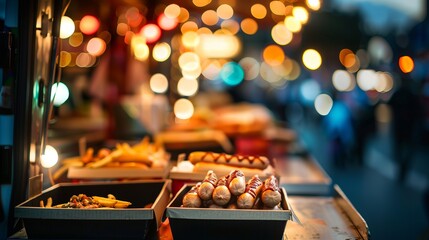 street food truck with blurred customer in background, fastfood on the street,