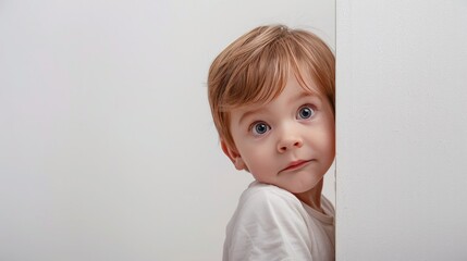 Innocent Curiosity: Little Boy Peeking Behind a White Wall on a White Background