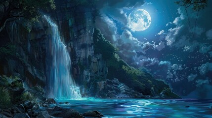 A waterfall plunges into the depths of a moonlit sea, a tranquil oasis.