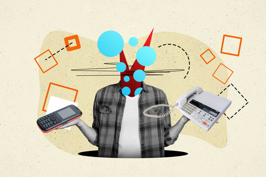 Composite artwork collage image picture of headless person hold mobile phone fax machine isolated on creative background