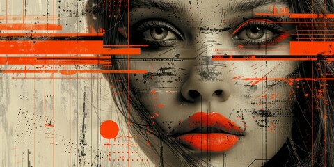 A close-up, abstract portrait of a woman with her eyes and lips emphasized in a digital art style